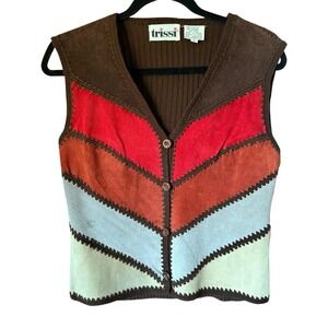 Vintage Trissi 1970s Suede Patchwork Vest Ribbed Knit Boho Shabby Western Large